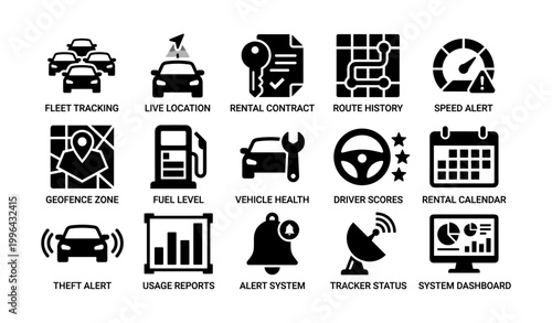 Fleet tracking and vehicle management icons on white background
