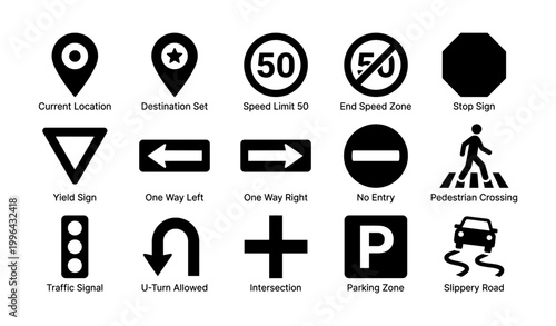 Collection of road signs and navigation icons on white background