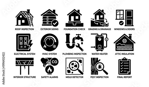 Home inspection and maintenance icons arranged in grid layout