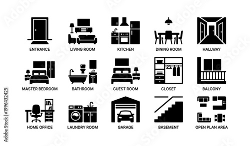 Home interior room icons arranged in grid layout showing spaces