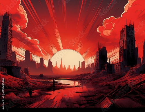 a comic book style background image of a post apocalyptic city landscape red sky destroyed city dystopian