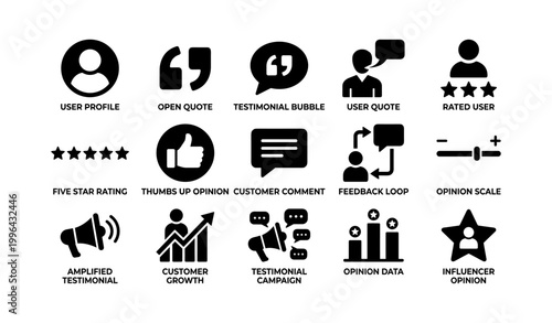 Row of testimonial and rating icons with labels on white background