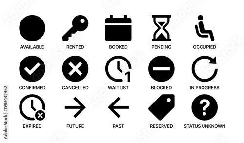 Status and booking icons arranged in grid on white background