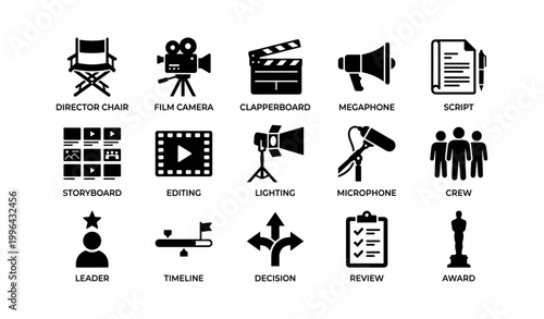 Filmmaking icons arranged in grid on white background