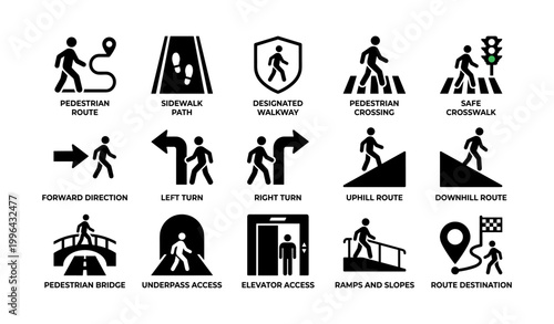 Pedestrian icons set showing walkways and crossing symbols