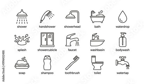 Bathroom hygiene icons showing fixtures and personal care items