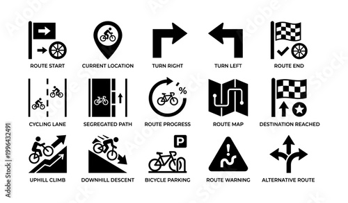Cycling route icons showing navigation and path directions