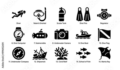 Diving equipment and underwater icons arranged on white background