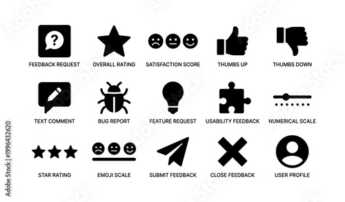 Feedback and rating icons showing survey controls on white background
