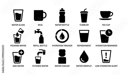 Set of hydration icons on white background showing water usage