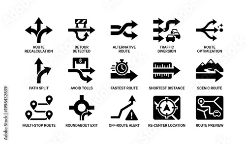 Set of navigation icons on white background showing route guidance