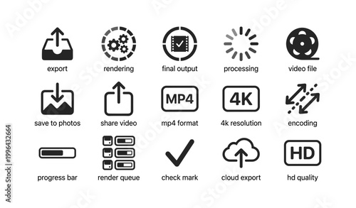 Video processing and export icons arranged in labeled grid