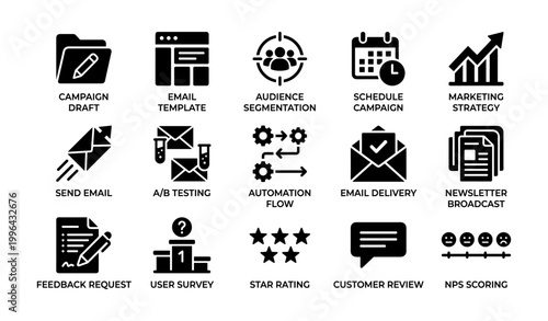 Email marketing icons illustrating campaign workflow in grid layout
