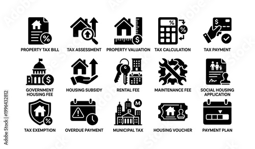 Housing and tax icons showing fees and payments on white background