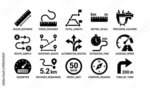 Navigation and measurement icons showing distance and routing symbols