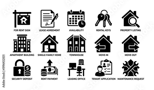 Real estate rental icons showing leasing and tenancy processes