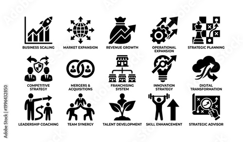 Business growth icons showing strategy development