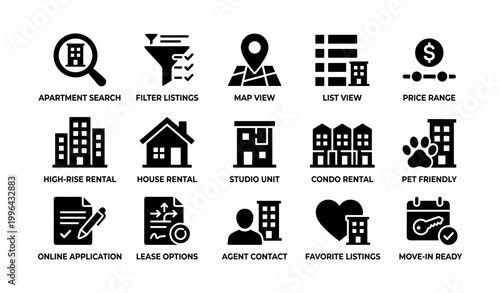 Apartment rental icons showing search options on white background