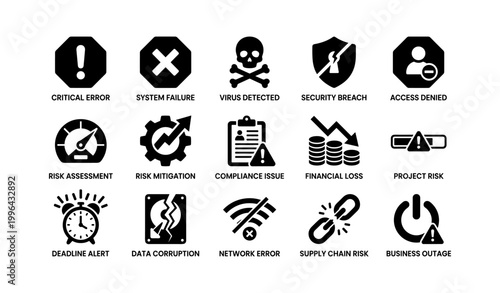 Risk icons showing alerts and security failures on white