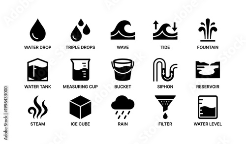 Water and liquid icons representing measurement and storage