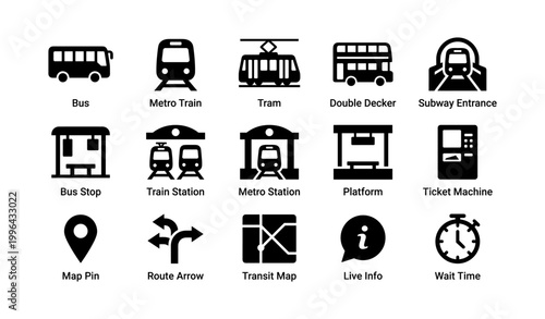 Public transit icons showing vehicles stops and navigation