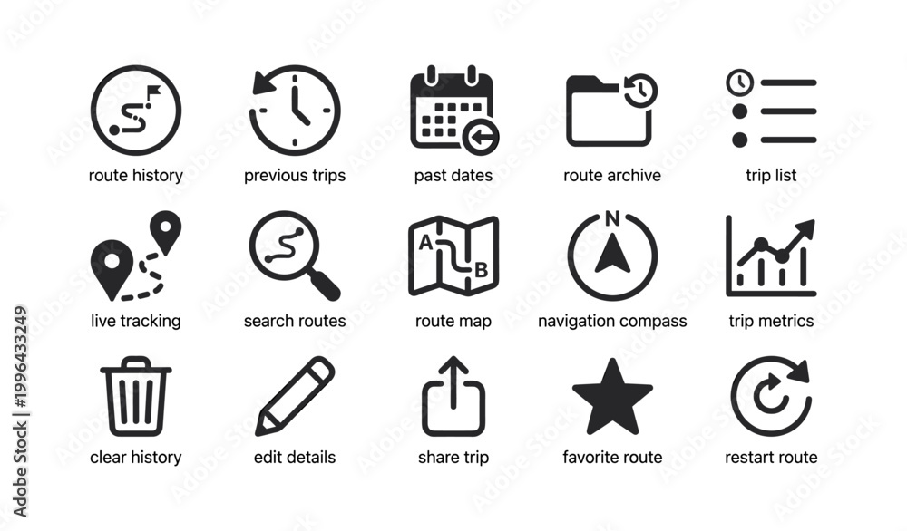 Obraz premium Route icons showing trip history and navigation on white background