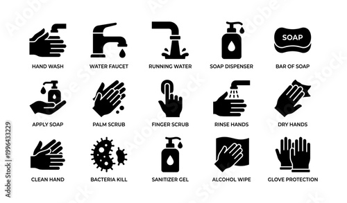 Hand washing and hygiene icons arranged on white background