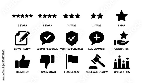 Review and rating icons showing stars feedback and moderation symbols