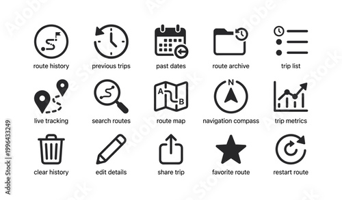 Route icons showing trip history and navigation on white background