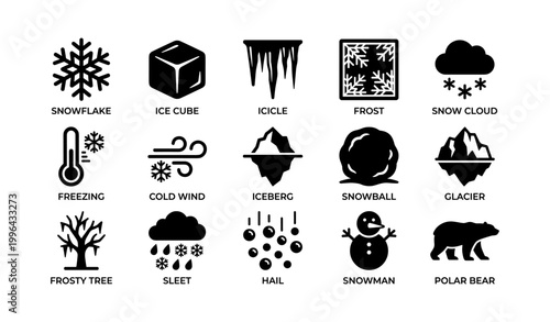 Winter weather icons showing snow ice and cold condition symbols