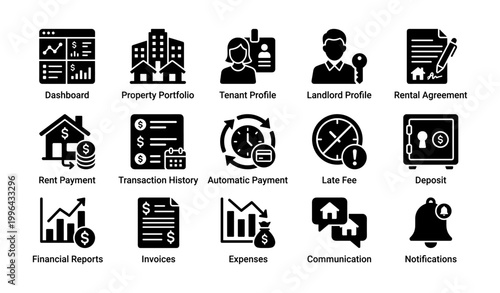 Property management icons showing finances and profiles on white