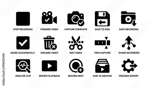 Recording workflow icons for capture and editing on white background