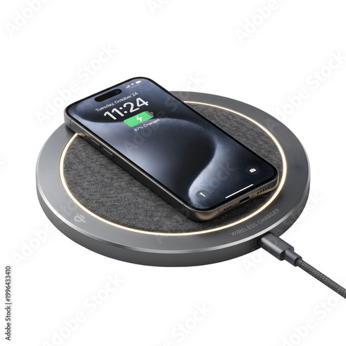 Premium Wireless Charger Pad Isolated on Transparent Background, High Quality Qi Fast Charging Device