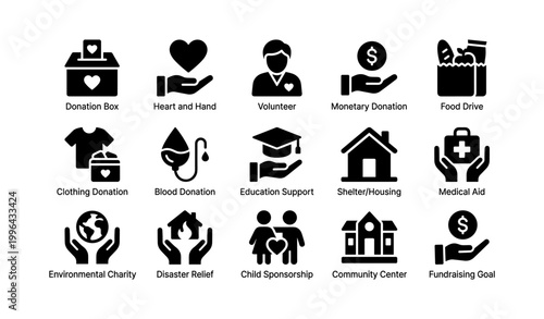 Charity and donation icons representing community support on white