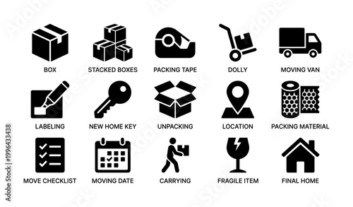 Moving and packing icons arranged in labeled grid on white background