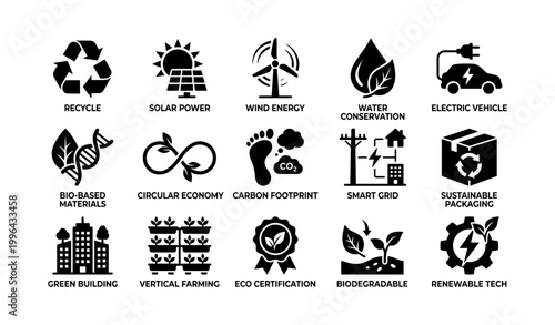 Sustainability icons arranged in a grid on white background