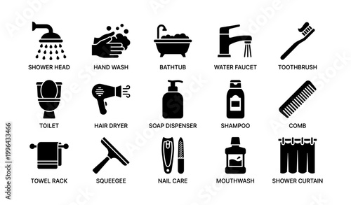 Bathroom and hygiene icons showing fixtures and toiletries grid