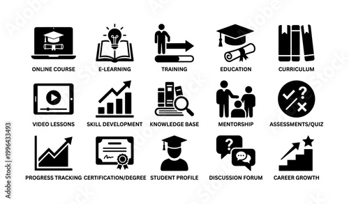 E learning and education icons for online courses on white
