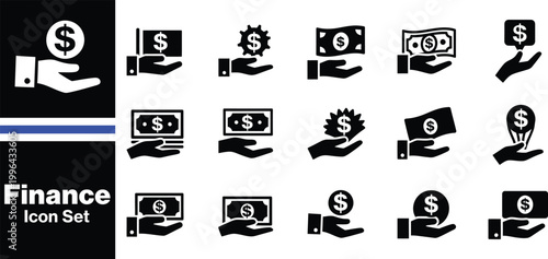 Hands holding dollar Icon set. Hands holding dollar coin. Money in hand icons set. Save money sign. Cash, loan, coin, dollar, saving, budget, earning money, revenue symbol.