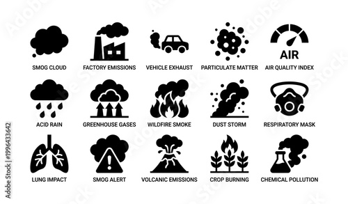 Air pollution and hazard icons arranged in grid on white