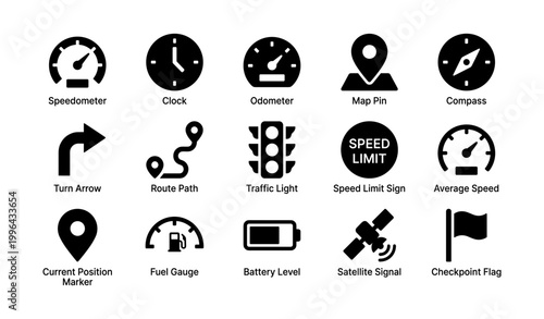 Navigation and vehicle instrument icons on white background