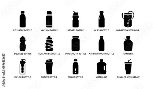 Assorted bottle and hydration container icons on white background