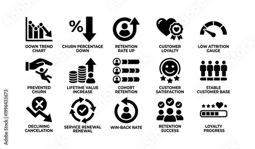 Customer retention and churn icons grid on white background