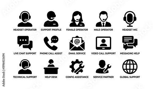 Customer support and help desk icons displayed on white background