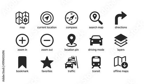Navigation and map icons showing location and direction symbols