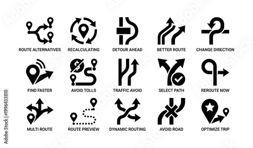 Navigation icons showing route options and labels on white background