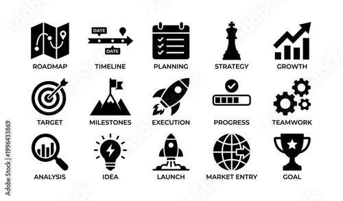 Business strategy and planning icons arranged on white background