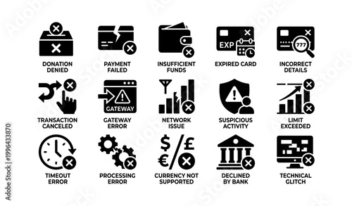 Payment failure and transaction error icons shown on white background