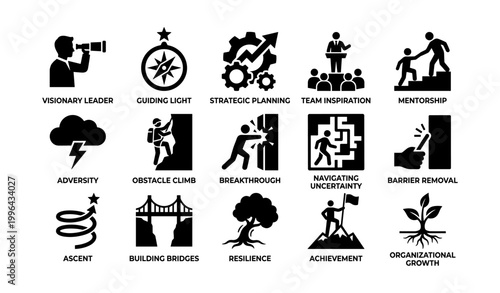Leadership and resilience icons showing mentorship and growth on white