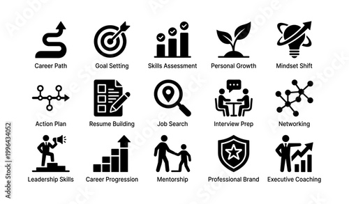 Career development icons arranged in grid on white background